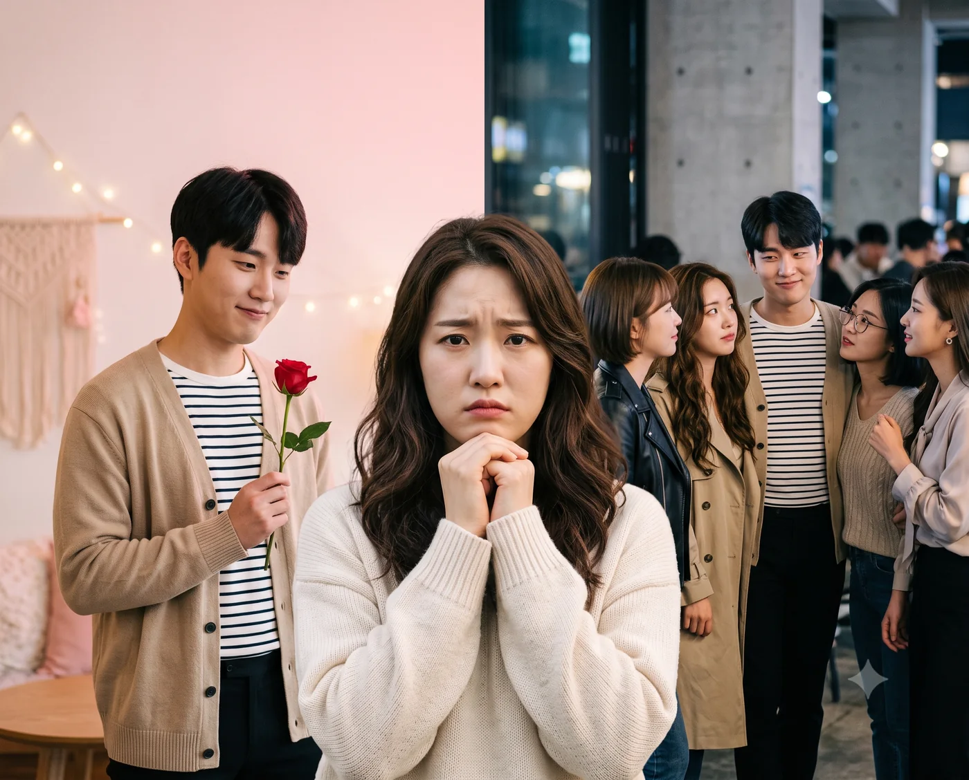 고백하는 남성과 여러 사람 사이에서 관계를 고민하는 여성