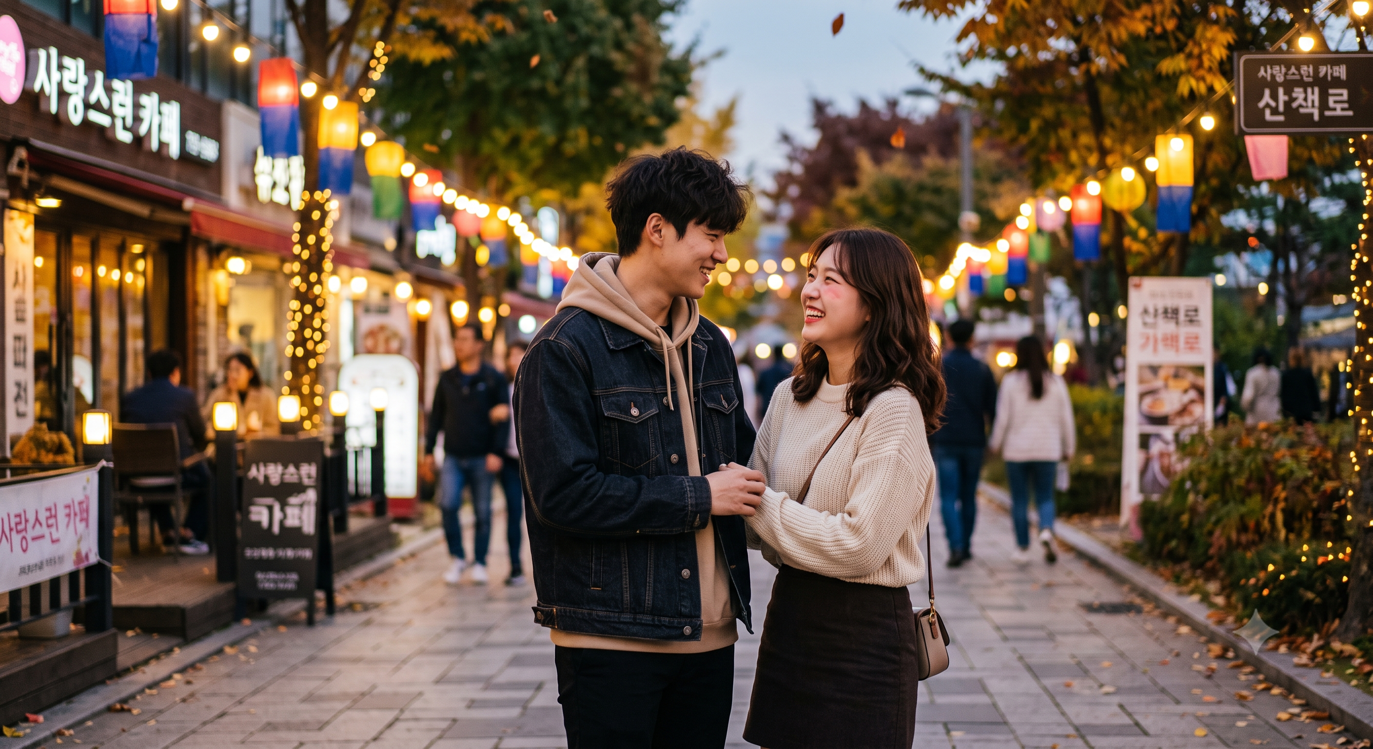 가을 저녁 산책길에서 서로를 바라보며 웃는 두 사람