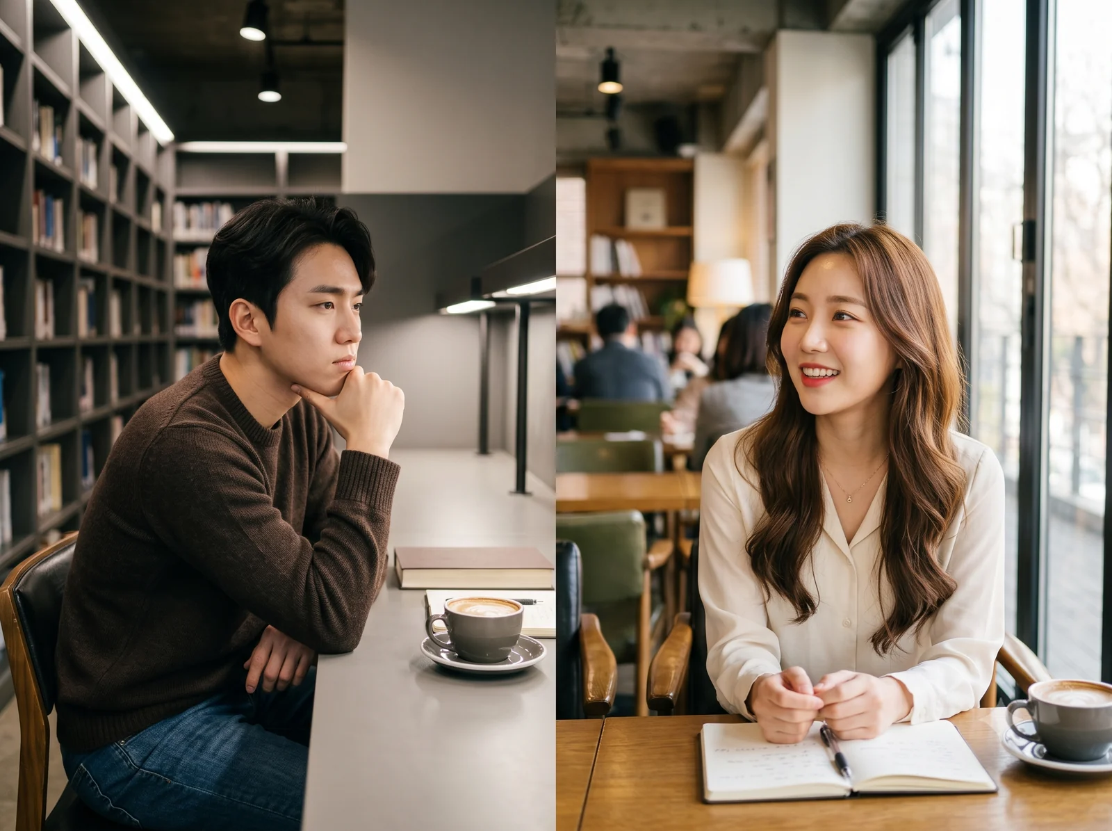 각자의 자리에서 서로를 생각하는 남녀